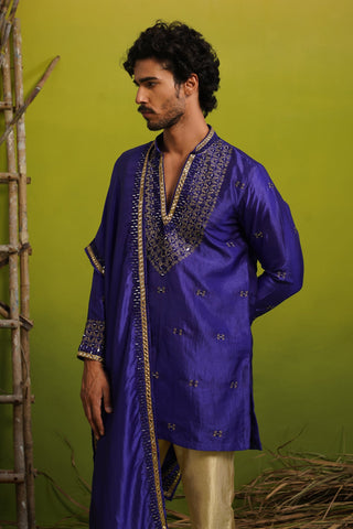 ZOHAYR ROYAL BLUE V-NECK MIRROR KURTA DUPATTA SET