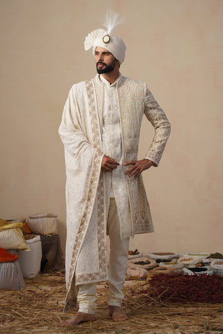 MIRZA ZARDOZI CREAM SHERWANI SET