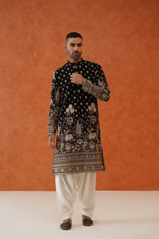 Zuber Black Kurta Set With Patiyala And Dupatta