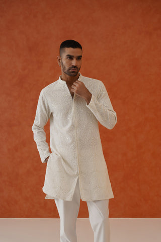 Akash off White Zipper Embroidered Short Kurta Set