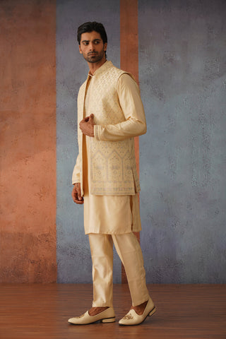 Farhil - Fawn Yoke Designed Jacket Kurta Set