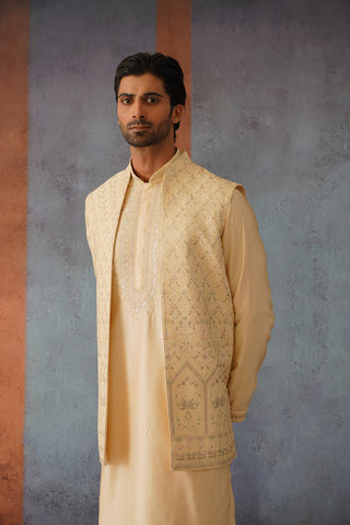 Farhil - Fawn Yoke Designed Jacket Kurta Set