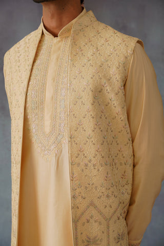Farhil - Fawn Yoke Designed Jacket Kurta Set