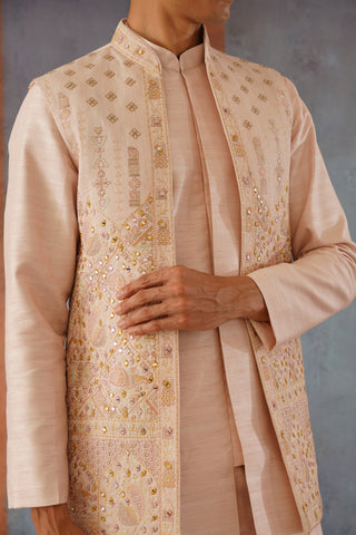 Zaviar - Pink Front Open Mirror Work Jacket Kurta Set