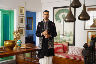Dhruv Real Mirror Work Black Kurta Jacket Set With Dhoti And Dupatta