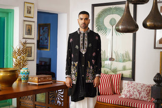 Dhruv Real Mirror Work Black Kurta Jacket Set With Dhoti And Dupatta