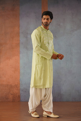 Nihar - Mehandi Green Mirror Work Patiyala Kurta Set with Dupatta