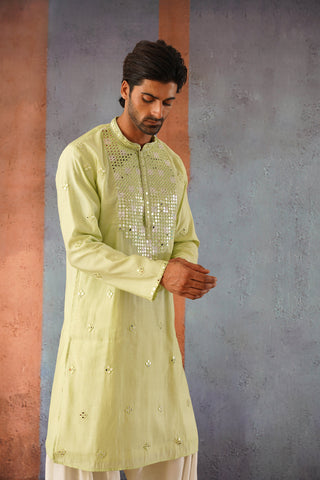 Nihar - Mehandi Green Mirror Work Patiyala Kurta Set with Dupatta