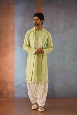 Nihar - Mehandi Green Mirror Work Patiyala Kurta Set with Dupatta