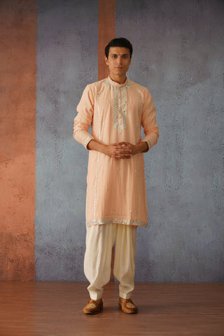 Karam - Peach Hand Mirror Work Embroidered Kurta Set with Dupatta