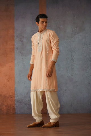 Karam - Peach Hand Mirror Work Embroidered Kurta Set with Dupatta
