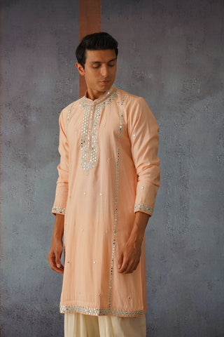 Karam - Peach Hand Mirror Work Embroidered Kurta Set with Dupatta