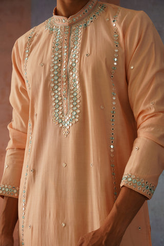 Karam - Peach Hand Mirror Work Embroidered Kurta Set with Dupatta