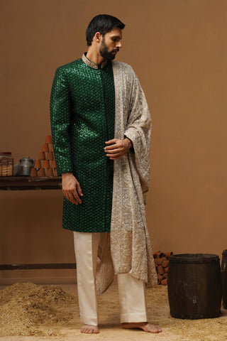 VED BOTTLE GREEN SHERWANI SET