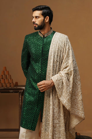 VED BOTTLE GREEN SHERWANI SET