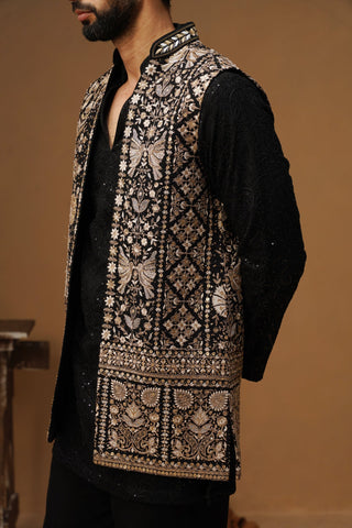 SANJH BLACK V NECKSHORT KURTA JACKET SET