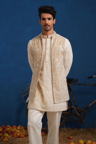 ANVITH MIRROR BEIGE SHORT KURTA JACKET SET