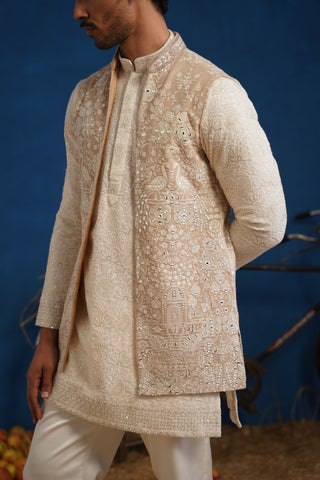 ANVITH MIRROR BEIGE SHORT KURTA JACKET SET