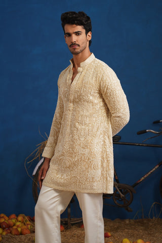 YUVRAJ CUTDANA BEIGE SHORT KURTA SET