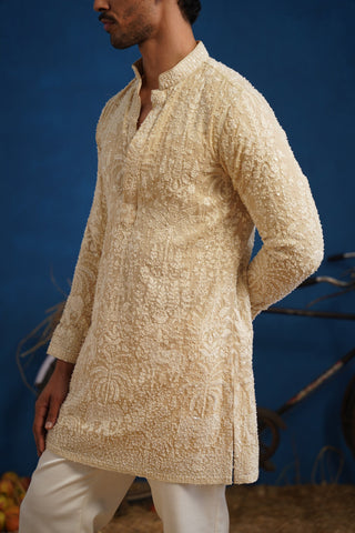 YUVRAJ CUTDANA BEIGE SHORT KURTA SET