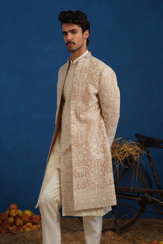 ZORAWAR CUTDANA BEIGE SHERWANI SET