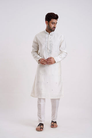 OFF WHITE COTTON SILK MIRROR WORK KURTA SET
