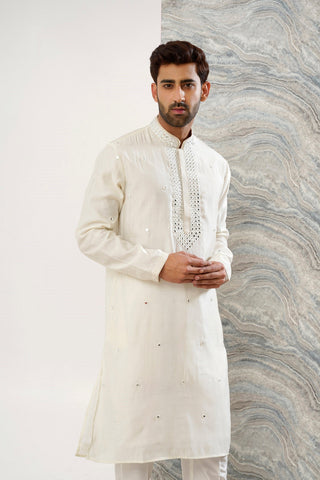 OFF WHITE COTTON SILK MIRROR WORK KURTA SET