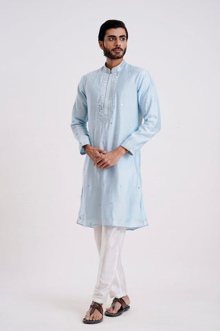 POWDER BLUE COTTON SILK MIRROR WORK KURTA SET