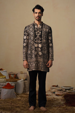 SHOAIB IN SANJH CUTDANA BLACK SHORT KURTA SET