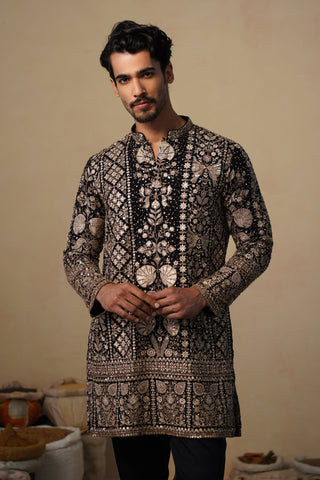 SHOAIB IN SANJH CUTDANA BLACK SHORT KURTA SET
