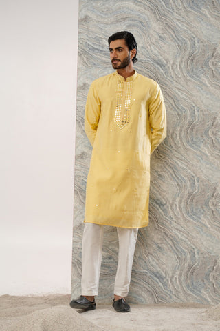 LIGHT HALDI COTTON SILK MIRROR WORK KURTA SET