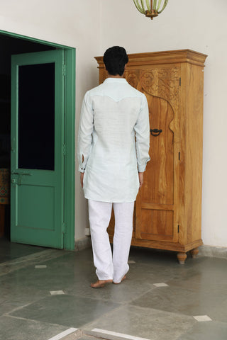 Tejas Powder Blue Linen Pathani Set
