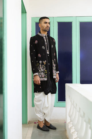 Zaid Darbar in Dhruv Real Mirror Work Black Kurta Jacket Set With Dhoti And Dupatta