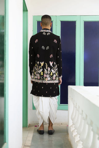 Dhruv Real Mirror Work Black Kurta Jacket Set With Dhoti And Dupatta