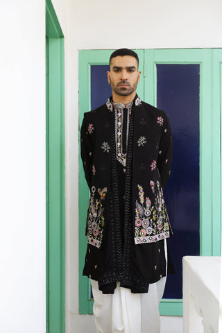 Dhruv Real Mirror Work Black Kurta Jacket Set With Dhoti And Dupatta