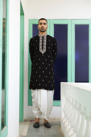 Dhruv Real Mirror Work Black Kurta Jacket Set With Dhoti And Dupatta