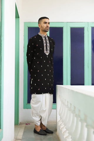 Dhruv Real Mirror Work Black Kurta Jacket Set With Dhoti And Dupatta