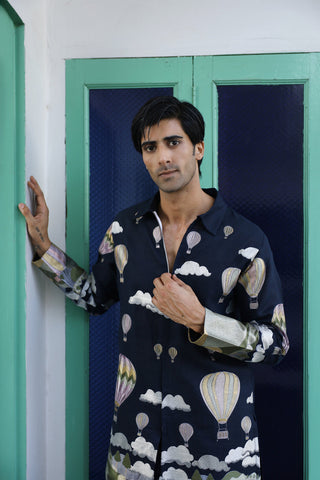 Anunay Navy Blue Linen Zipper Front Open Kurta Set