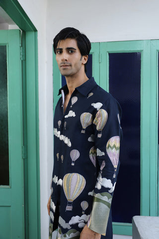 Anunay Navy Blue Linen Zipper Front Open Kurta Set