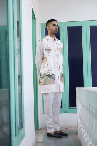 Umair Pink Linen Front Open Long Jacket Set