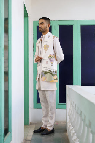 Umair Pink Linen Front Open Long Jacket Set