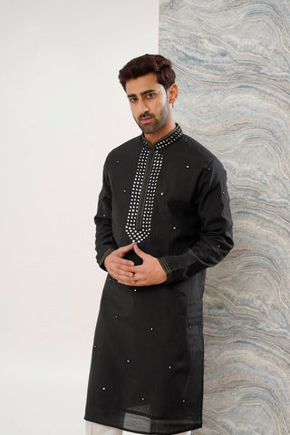 BLACK COTTON SILK MIRROR WORK KURTA SET