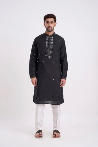 BLACK COTTON SILK MIRROR WORK KURTA SET