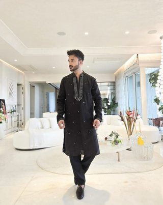 Vicky Jain in BLACK COTTON SILK MIRROR WORK KURTA SET