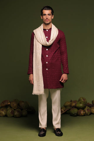 Kaidar Wine Front Open Kurta trouser set with dupatta