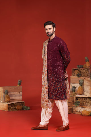 Maan Singh in Kush Wine Kurta Set