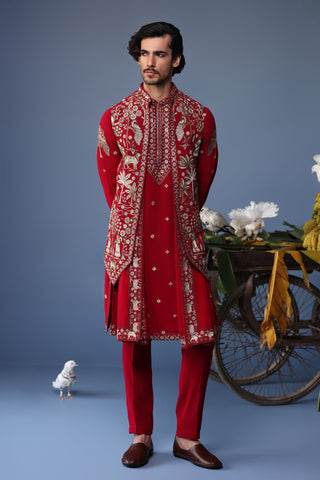 Aariz Pichwai Mahroon Kurta Jacket Set