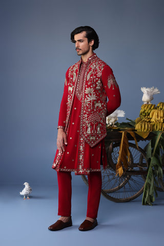 Krishna Sharma in Aariz Pichwai Mahroon Kurta Jacket Set