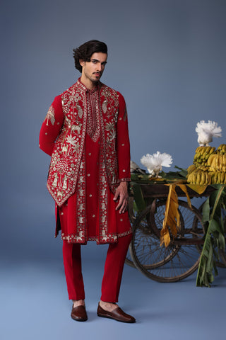 Aariz Pichwai Mahroon Kurta Jacket Set