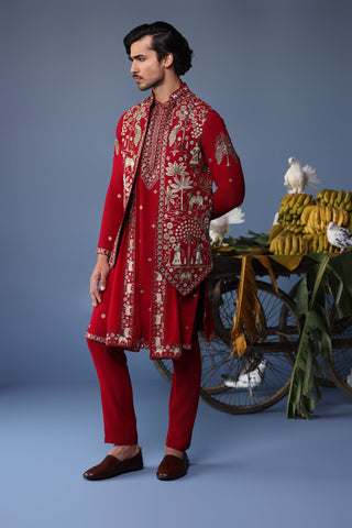 Aariz Pichwai Mahroon Kurta Jacket Set